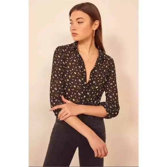 Reformation Violet Black Floral Semi Sheer Long Sleeve Button Up Blouse Small - Picture 5 of 15